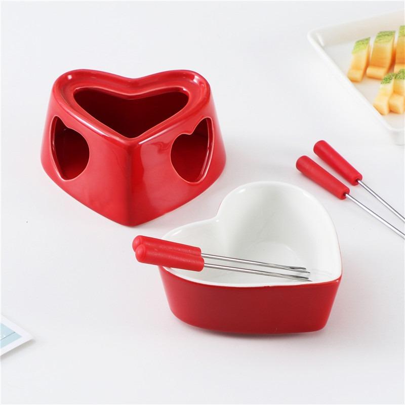 320ml Ceramic Heart-Shaped Fondue Pot Set with 4 Forks - White & Red Options - Perfect for Chocolate & Cheese Desserts
