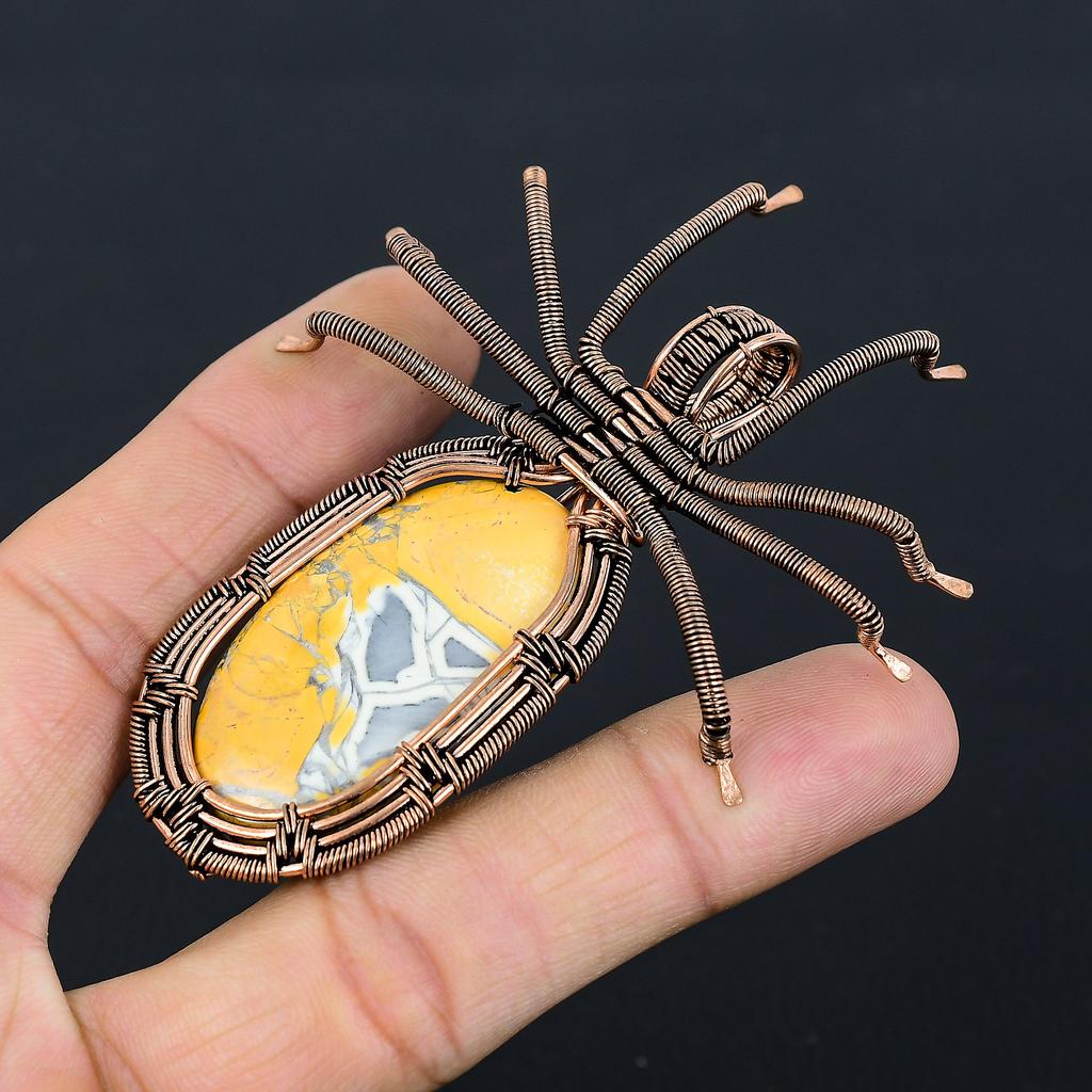Natural Brecciated Mookaite Gemstone Copper Wire Wrap Spider Pendant 2.56" Q2L64