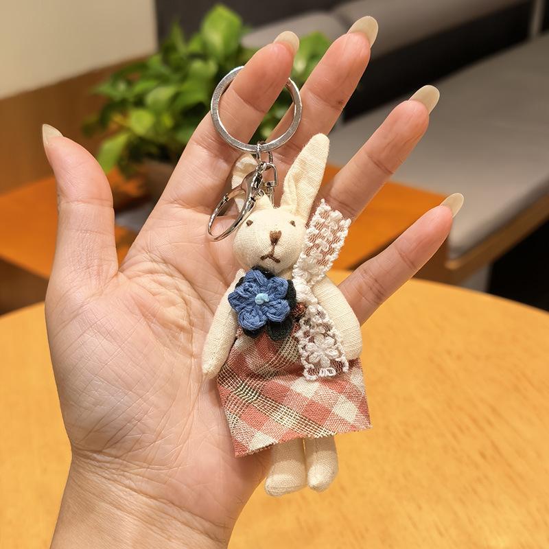 Cute Fabric Bunny Bag Charm, Handmade Plush Rabbit Keychain with Flower Dress & Braided Rope