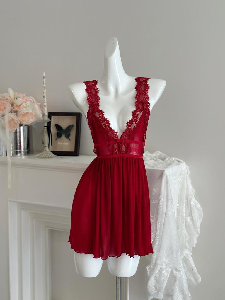 Elegantes tief ausgeschnittenes rückenfreies Spitzen-Netz-Nachthemd - Transparentes Camisole-Dessous für Damen