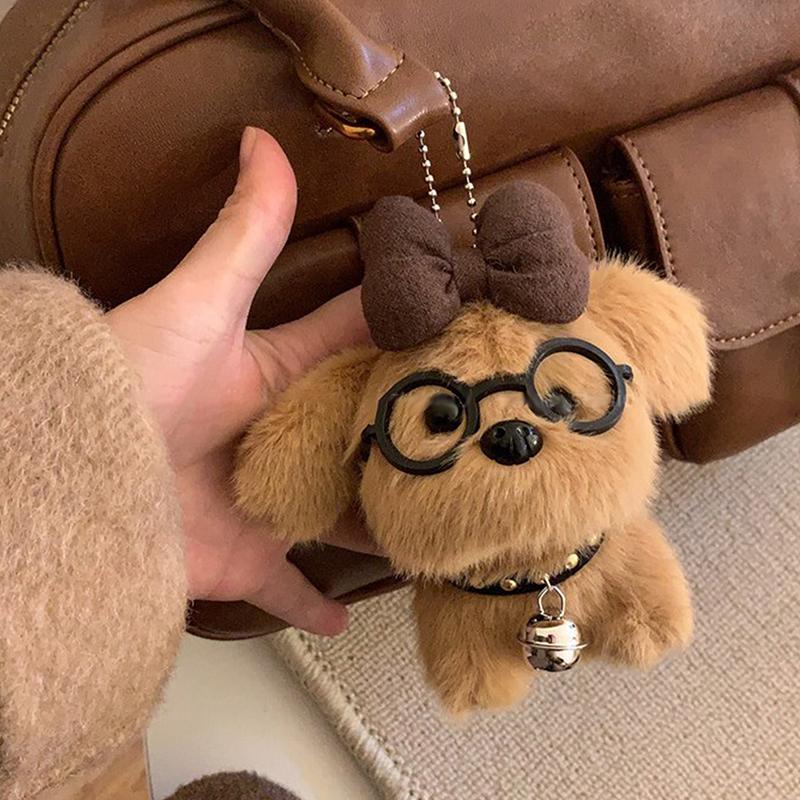 Cute Bow Glasses Puppy Keychain Cartoon Stuffed Dog Doll Keyring Lovely Backpack Pendant Decoration Car Key Holder For Girl Gift