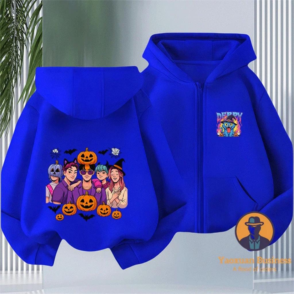 New KPop Devil Hunter Boys and Girls Children's Zipper Hoodie Cute Cartoon Print Warm Halloween Autumn/Winter Fashion Clothing