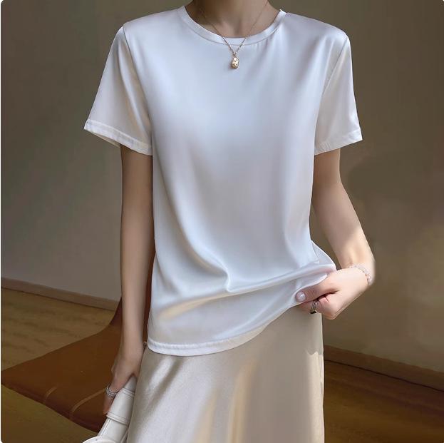 Damen Kurzarm Imitation Seide V-Ausschnitt T-Shirt - Weißes Satin Unterhemd Frühling/Sommer Top