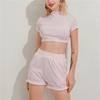 Ensemble de Sport confortable et Sexy pour femmes, couleur unie, col rond, manches courtes, haut court, taille haute, pantalon