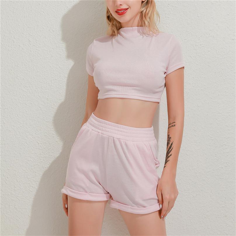 Ensemble de Sport confortable et Sexy pour femmes, couleur unie, col rond, manches courtes, haut court, taille haute, pantalon