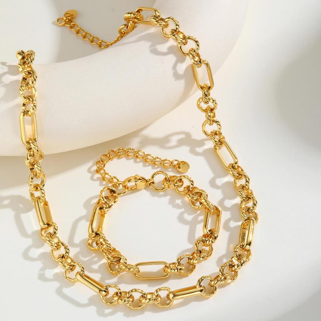 Ladies Stainless Steel Twist Ring Simple 18K Gold Necklace Bracelet Set 2260