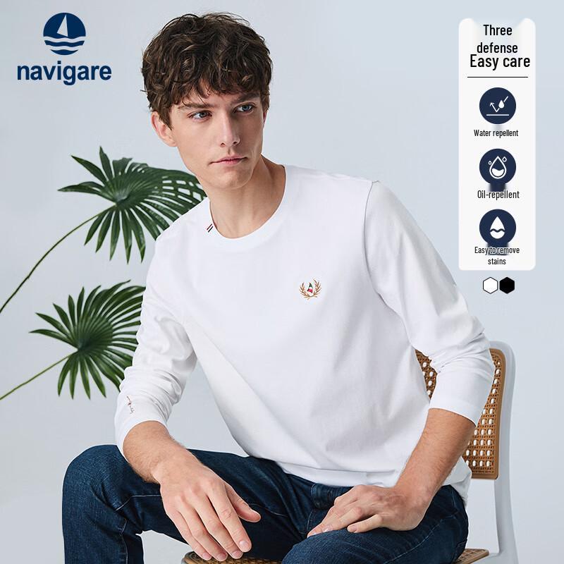 Navigare Men's Stain-Resistant Combed Cotton Long Sleeve T-Shirt