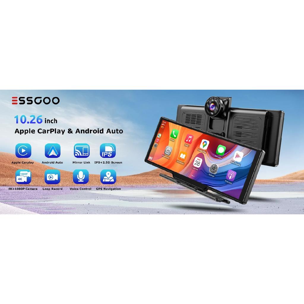 10.26" 64GB Dash Cam Car Stereo 4K IPS Touch Screen Wireless Apple Carplay & Android Auto Dual Len Recorder Bluetooth FM+Camera