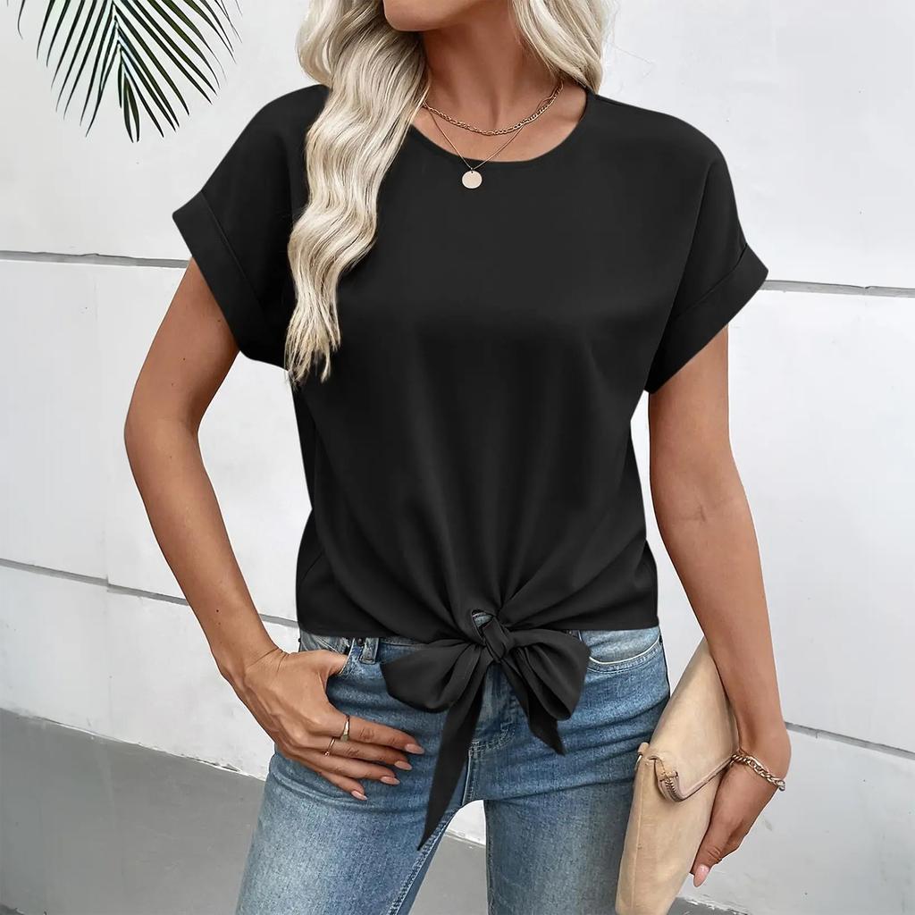 Dámské ležérní a elegantní tričko s krátkým rukávem a mašlí v boho barvě