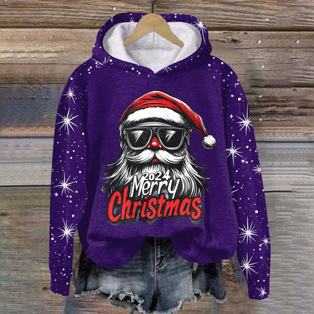 Dammode Pullover Djup Ärm Jul Tryckt Huvtröja