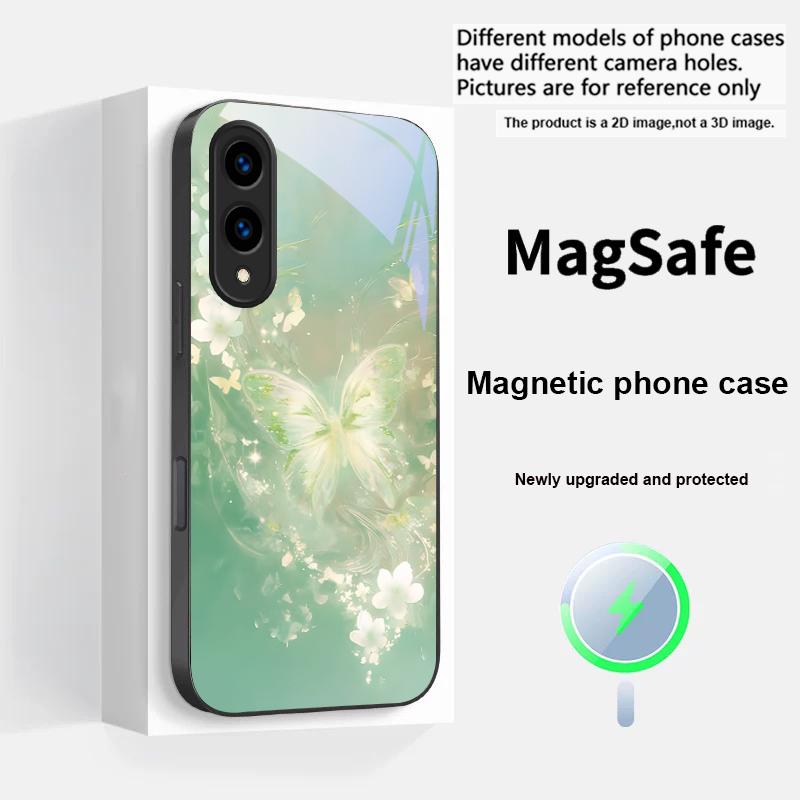 Dreamy Striped Butterfly For Magsafe Samsung S25 S25 Edge S25Ultra S8 9 10 20 S21 Pro 22 Plus S23 FE S24 Ultra Glass Phone Case