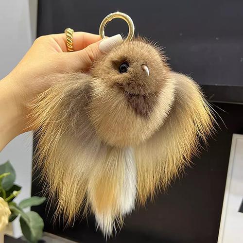 Mink Fur Keychain Men Annunciation Bird Pendant Keyring Bag Key Ornament Genuine Fur Toys Pom Pom Trinket Gifts Women