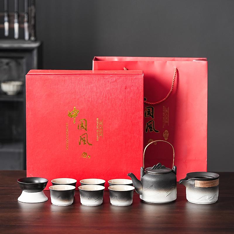 Light luxury retro black and white gradual change Shanhai teapot set household simple ceramic Kung Fu tea set enterprise