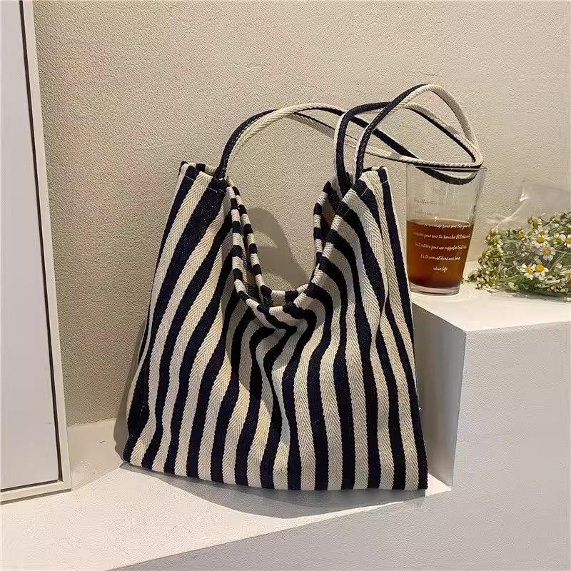 Korean Style Striped Canvas Tote Bag - Large Capacity Shoulder Bag for Women