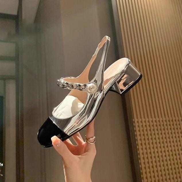 Retro small fragrant wind pearl bag head sandals women's summer new silver premium Mary Jane rear empty single shoes