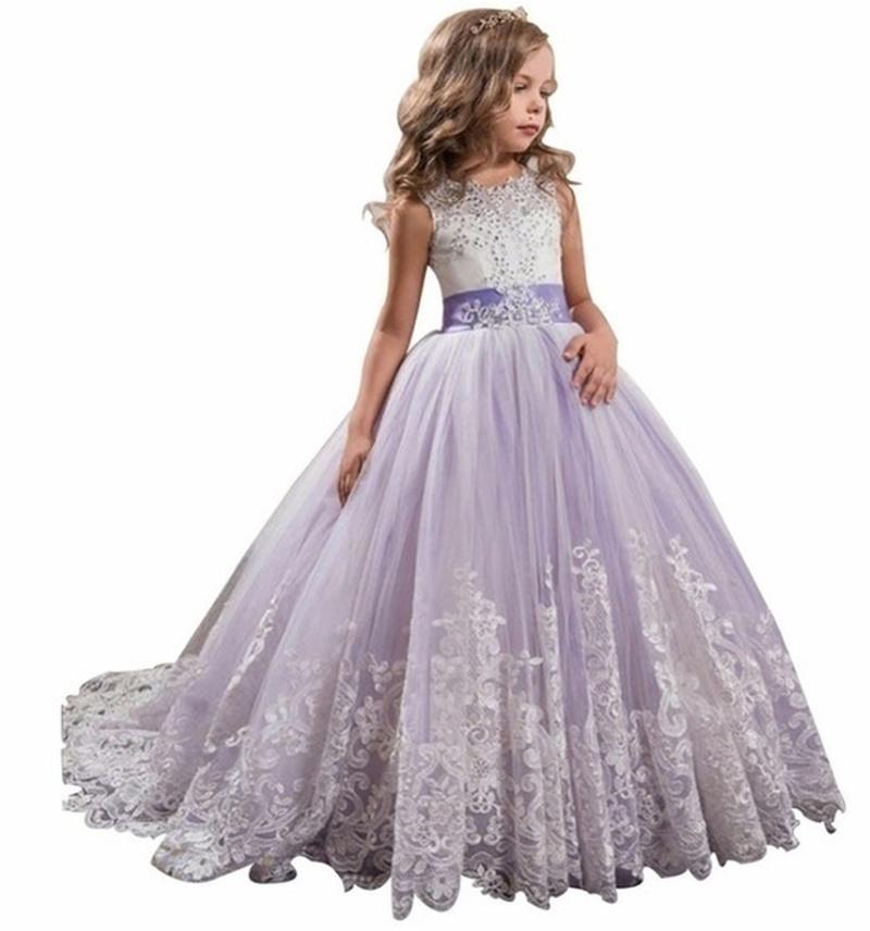 Girls Princess Dress Elegant Wedding Birthday Party Prom Evening Dress White First Holy Communion Formal Lace Dress for Girls