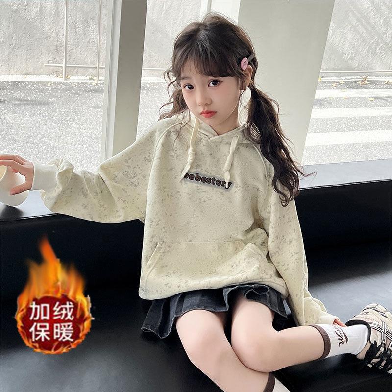 Girls Fleece Lined Hoodie Thick Warm Korean Casual Sweatshirt For Big Kids Autumn Winter
