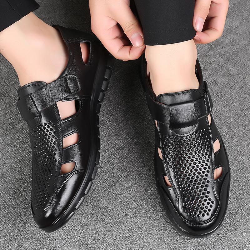 Casual Leather Sandals Breathable Men Summer Fashion Soft Non-slip Wearable Work Hollow Out Comfortable Male Classic Black Brown