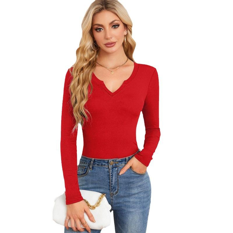 T-shirt da donna con scollo a U profondo, incrociata, a maniche lunghe - Moda Trendy 2024