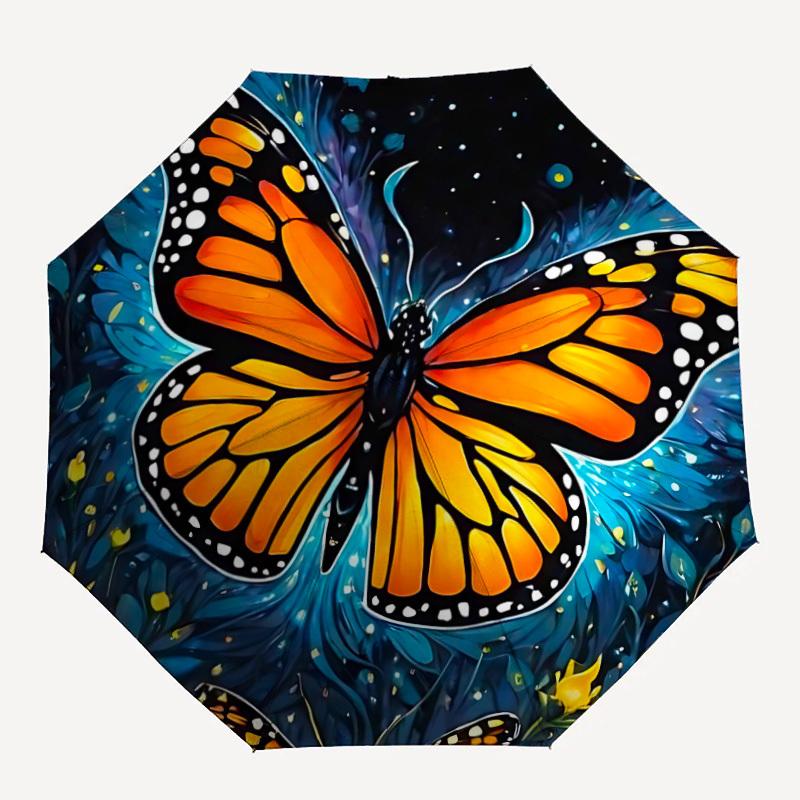 1pc Butterfly Night Garden Automatic Folding Umbrella - Windproof Compact Travel Umbrella with Auto Open/Close, 8-Rib Heavy-Duty Shaft for Women/Men