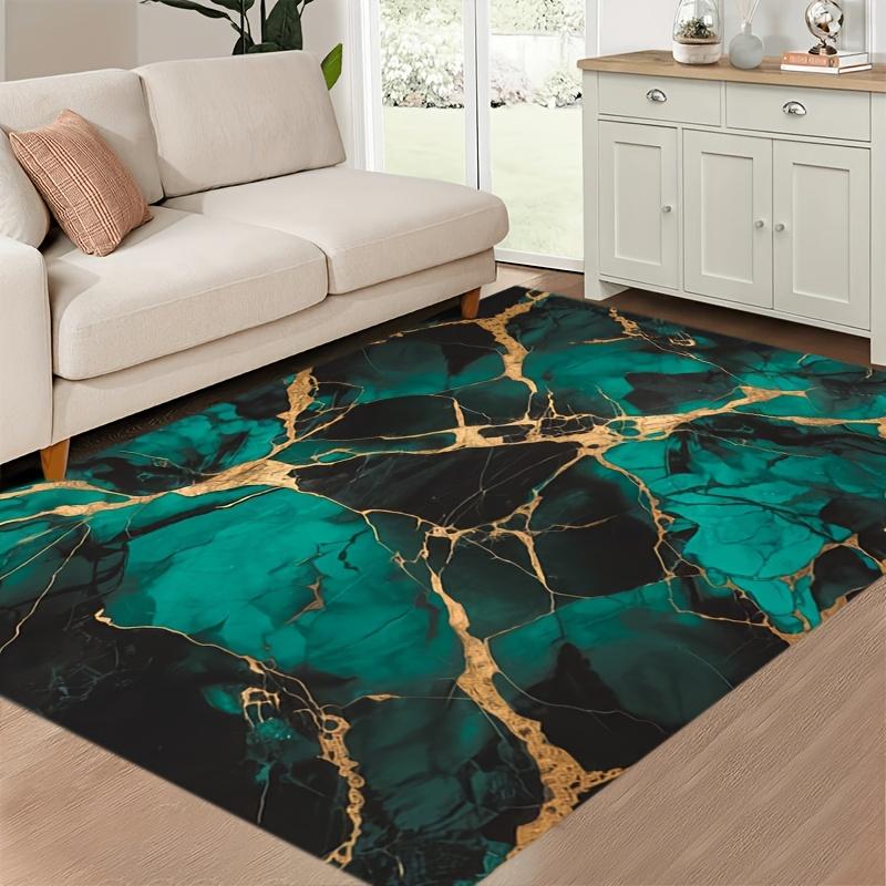 Vintage Bohemian Mat Anti Slip Machine Washable Dark Green Golden Marble Pattern Living Room Bedroom Entryway Decor Indoor Use