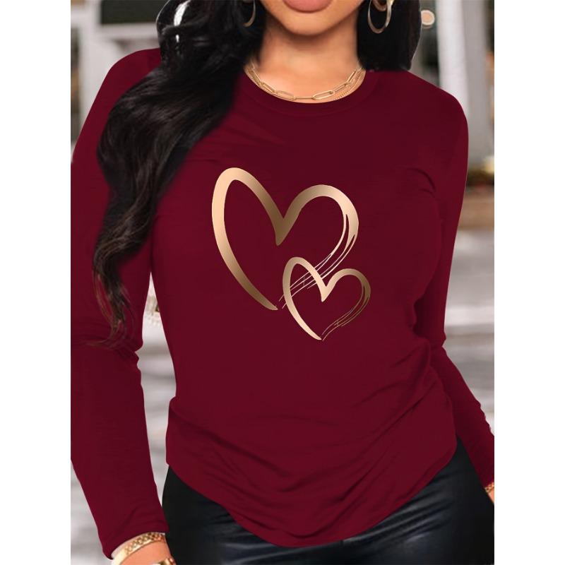 Spring and Autumn Women's Fashion Casual Loose Heart Pattern Printed Long Sleeve Round Neck T-shirt