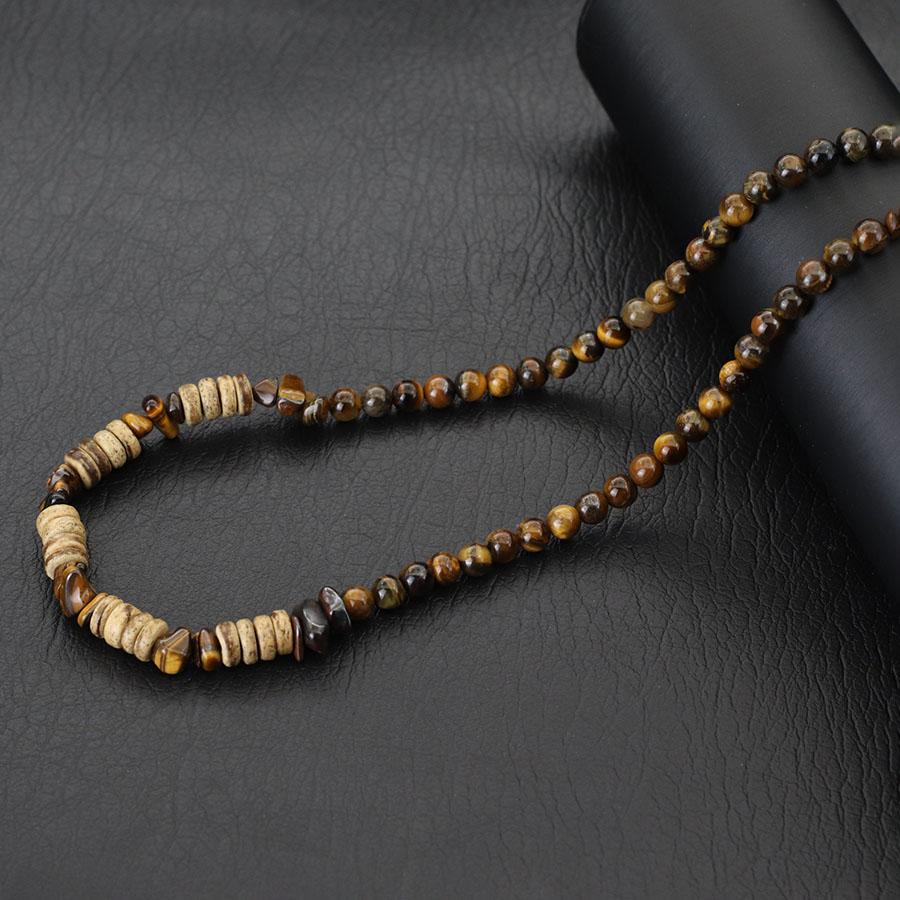 New Handmade 20 Inch Short Necklace With Natural Coconut Beads Wood Pendant For Men Natural Tiger Eyes Blue Howlite Stone Collar