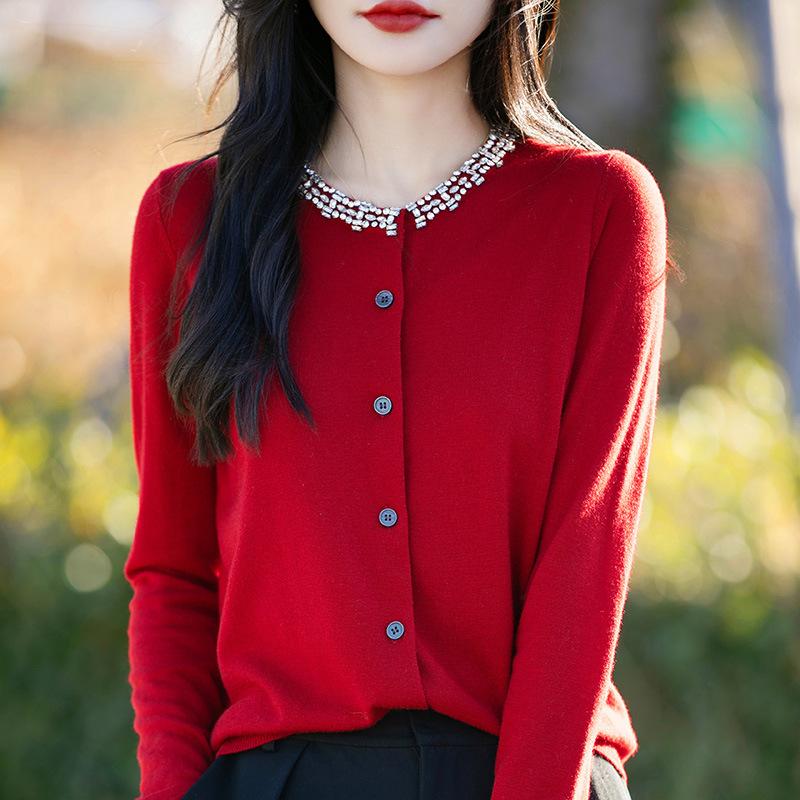 Autumn And Winter New Silk Wool Cardigan Women'S Crew Neck Crystal Diamond Sweater Loose Knit Backing Jacket Top