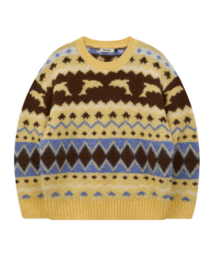 WAIKEI Dolphin Hairy Graphic Knit Yellow