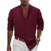 Spring Autumn Top Standing Collar Men's Clothing Solid Color Long Sleeve Button Men's Cotton Linen Shirt