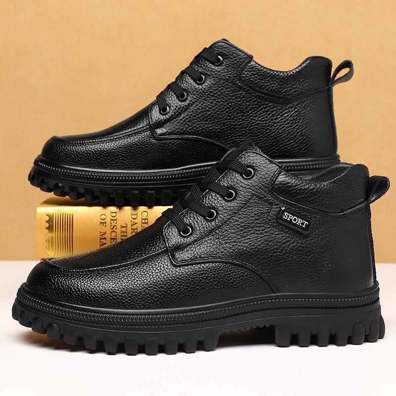 Cotton Shoes Men's High-top Winter Velvet Warm Leather Wool Snow Boots Casual Non-slip Waterproof Wear-resistant Cotton Leather Shoes