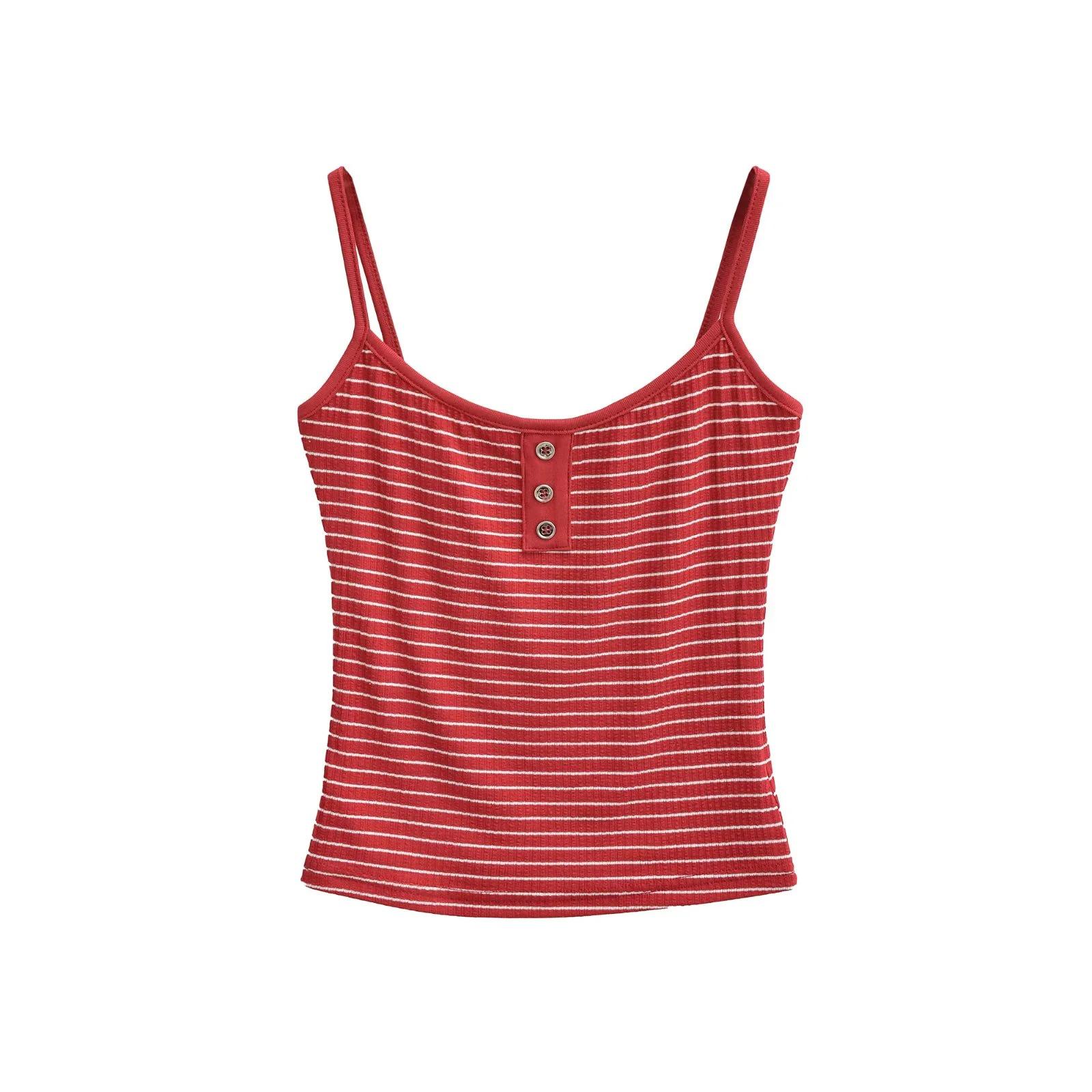 Striped Spicy Girl Button-Up Crop Tank Top Small красный