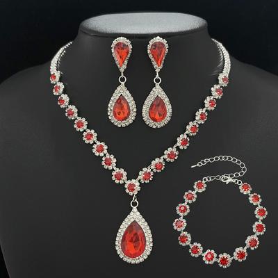 Fashion Rhinestone Flower Necklace Earrings Bracelet Three-piece Wedding Bridal Jewelry Set
