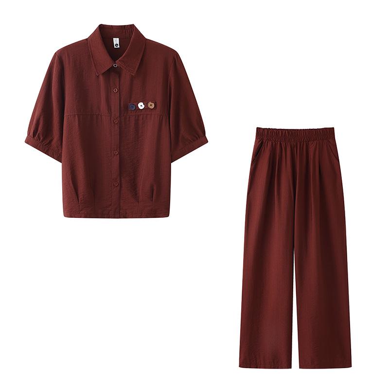 2026 Mom's Summer Fashion: Short-Sleeved Shirt & Wide-Leg Pants Set for Middle-Aged and Elderly Women