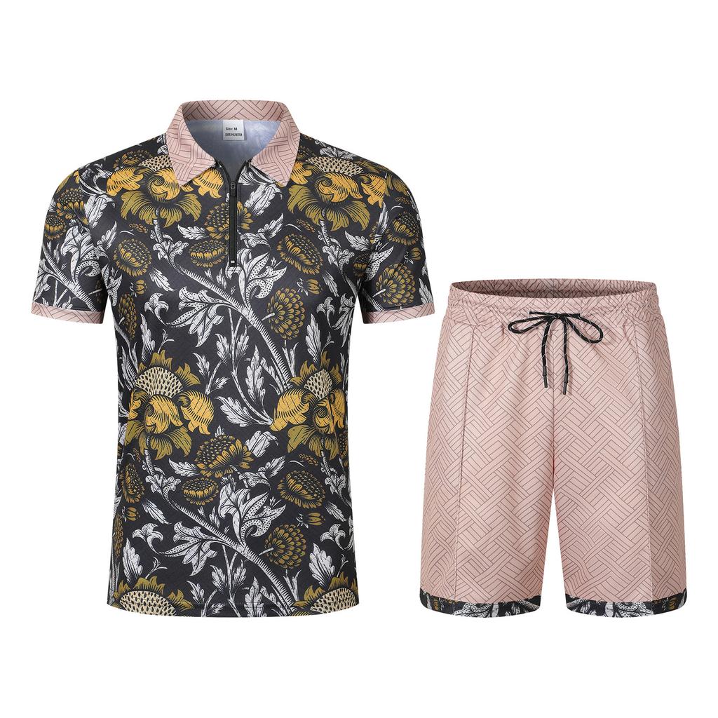 Men's Summer Casual Two Piece Set Short Sleeve Polo Shirt with Printed Design and Matching Drawstring Shorts Lightweight Breathable Fabric