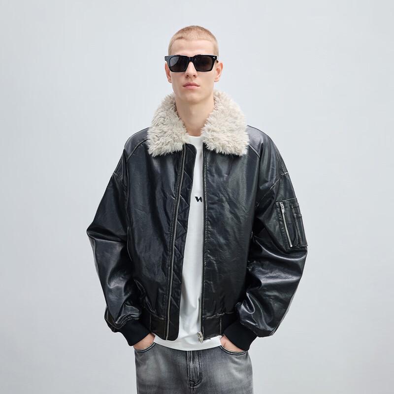 CHINISM Men s Faux Leather MA1 Bomber Jacket with Fur Collar XL