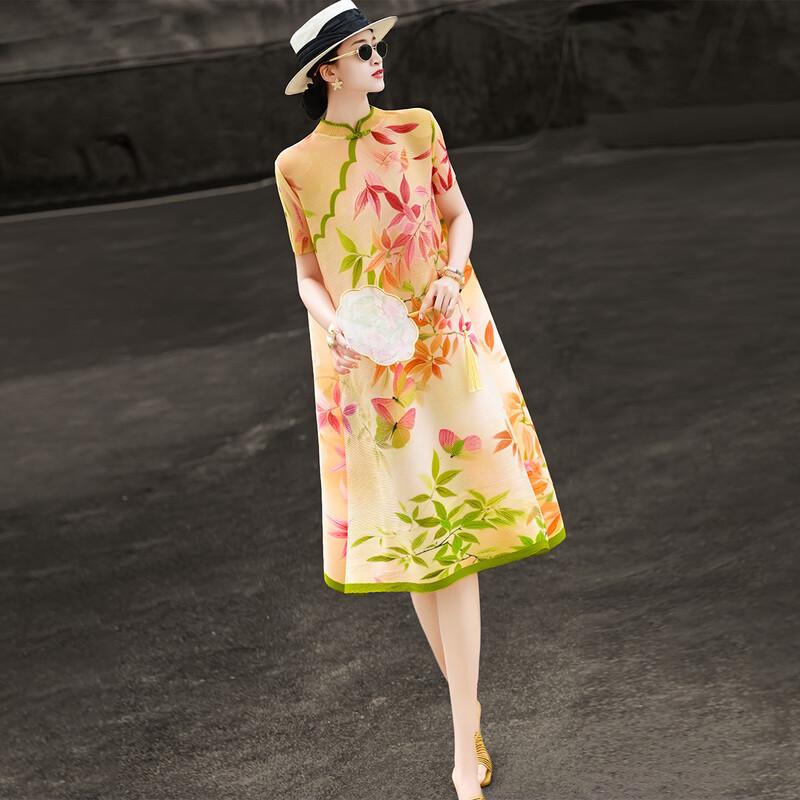 Lanser 2026 Summer New Chinese Style Printed Stand Collar Pleated A-line Dress OS