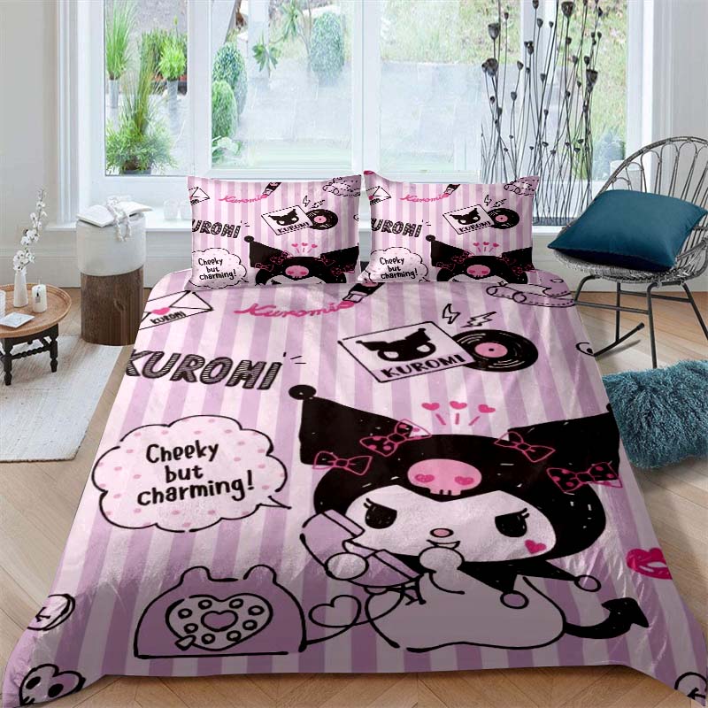 New Kuromi-themed Three-piece Bedding Set, Including Duvet Cover and Pillowcases, But Without Filling. A Great Holiday Gift.