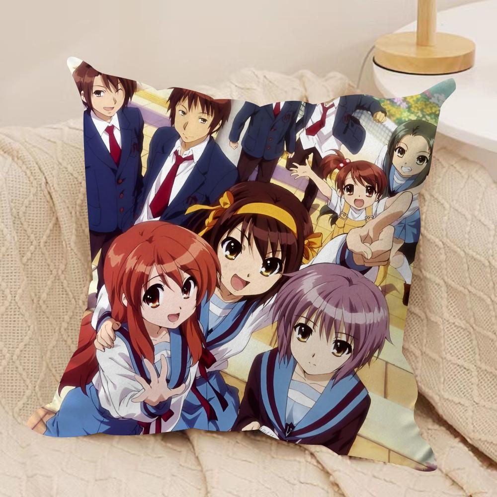 The Melancholy of Haruhi Suzumiya Cushion Cover Soft Plush Fabric Double-Sided Printed Sofa Cushion Cover for All Seasons Decor