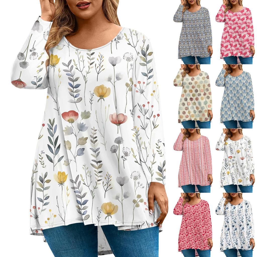 Women's Fashion Large Size Round Neck Long Sleeve Casual Print Loose Pullover Top