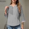 ZANZEA Women Casual V-Neck 3/4 Sleeve Loose Stripe Blouse
