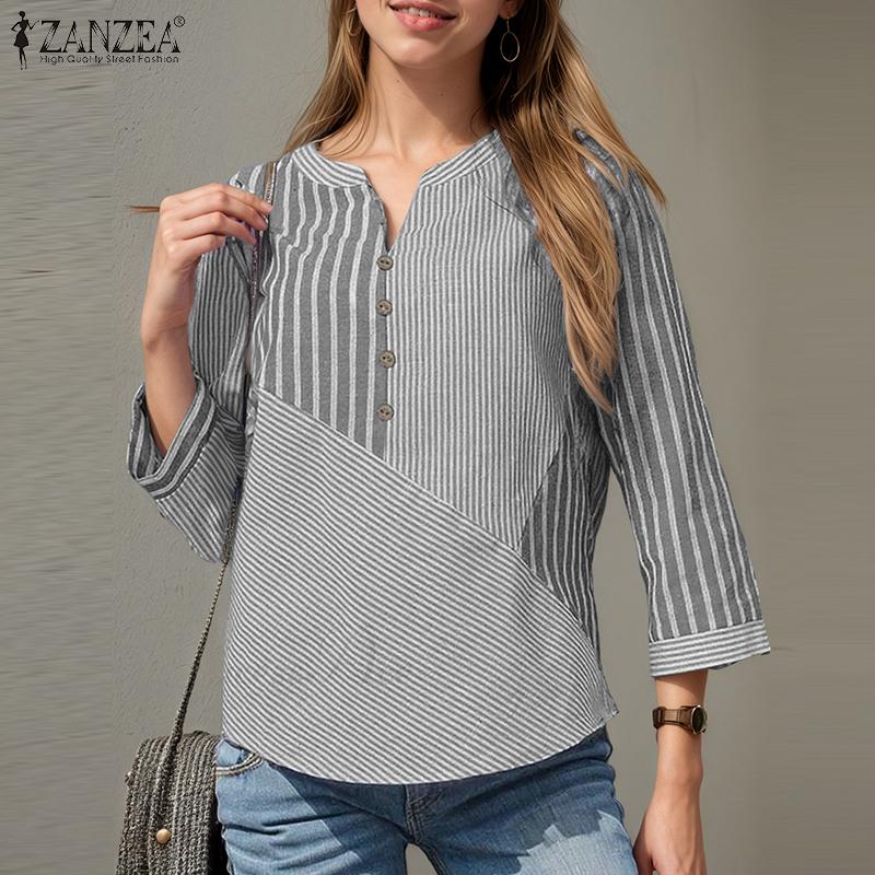 ZANZEA Women Casual V-Neck 3/4 Sleeve Loose Stripe Blouse