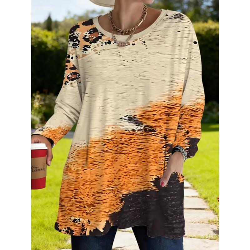 Women's long-sleeved round-neck T-shirt, suitable for spring, autumn and winter seasons. It has pockets and print designs. machine washable.