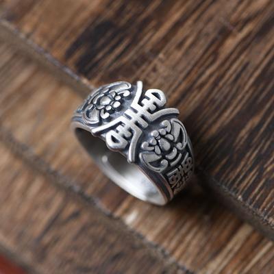 Adjustable Open Ring Men Women Vintage Ethnic Style With Bat Longevity Symbol Plated Geometric Design