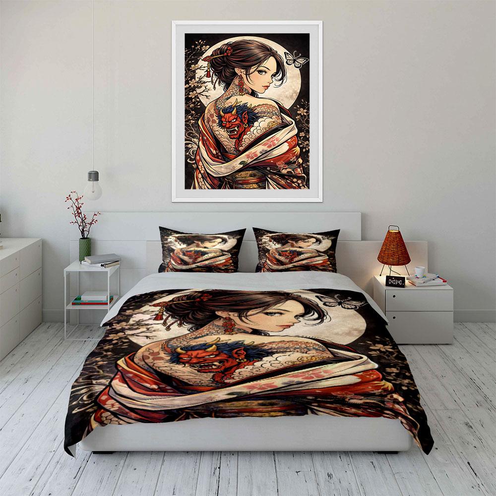 Geisha, butterfly, and oni. Bedding sets Duvet cover sets Duvet covers Pillowcases(1 * Duvet Cover 2 * Pillowcases, without duvet insert)