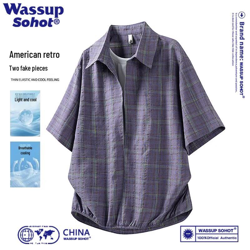 Wassup Sohot Men s Japanese Retro Plaid Faux Two-Piece Short Sleeve Shirt 2XL