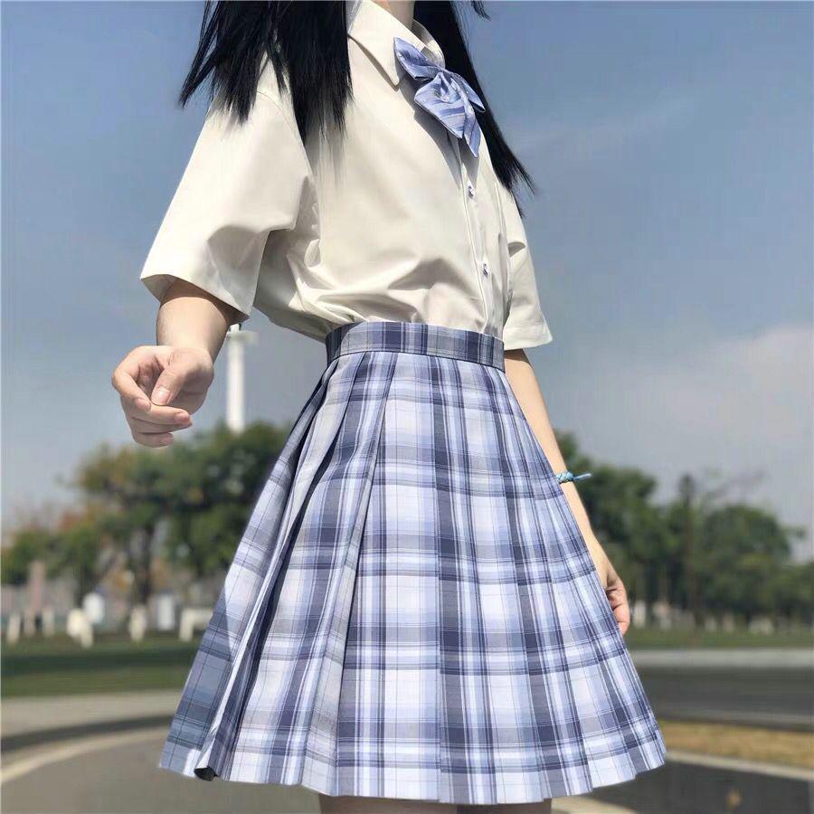 Japanese JK Sailor Suit: Teen Spring/Summer Full Set with Embroidered Shirt & Pleated Grid Skirt