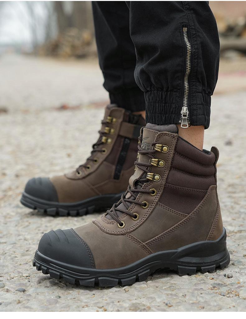 Men's High-Top Wheat Safety Shoes: European Standard, Anti-Smash, Anti-Pierce, Wear-Resistant, Durable Leather with Zipper Style.