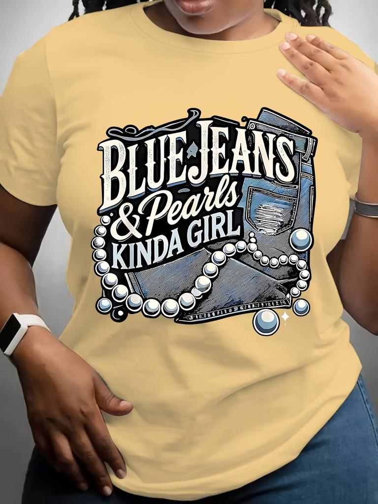 Plus Size Blue Jeans & Pearls Women'S T-Shirts Fashion T-Shirts Tops Shirts Round Neck for Daily Wear Y2k Clothes