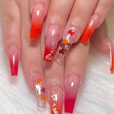 24Pcs/Set Quick Nails Long Maple Leaf False Nials Sticker Wearable Waterproof Manicure Finished Nails